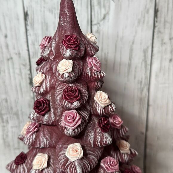 Gorgeous Burgundy Handmade Hand Crafted Christmas tree Accented with Roses 11” - Picture 2 of 8